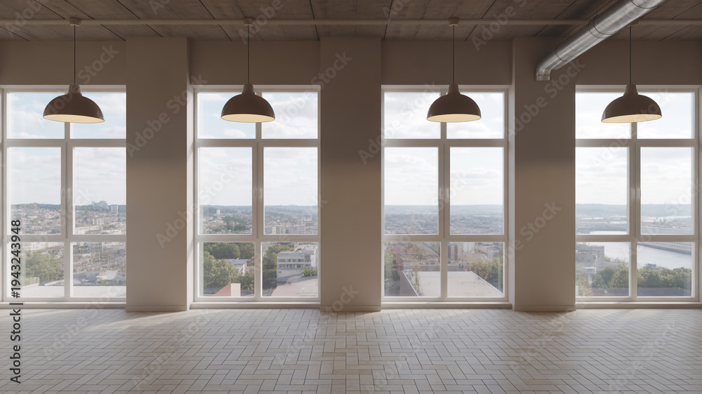 Fototapeta premium Loft Interior with Large Windows Overlooking Cityscape and Wooden Floor photo empty