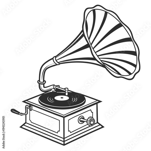 Vintage gramophone illustration featuring large megaphone and wooden base with hand crank for playing vinyl records in classic hand drawn retro style
