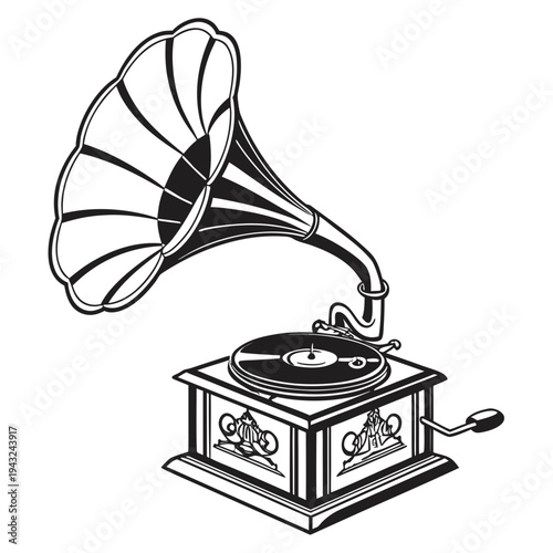 Ornate vintage gramophone illustration with decorative carvings on wooden base and large flared horn speaker for playing antique shellac disc records