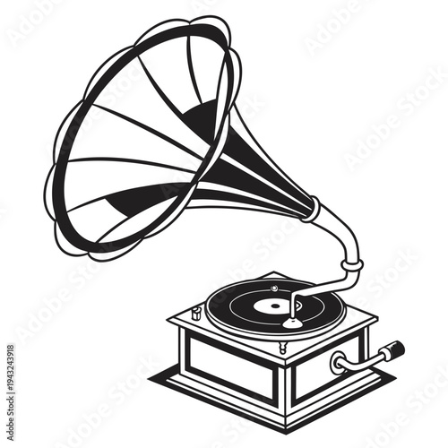 Classic phonograph vector image featuring large bell shaped speaker and spinning vinyl record on wooden turntable base with side crank for operation