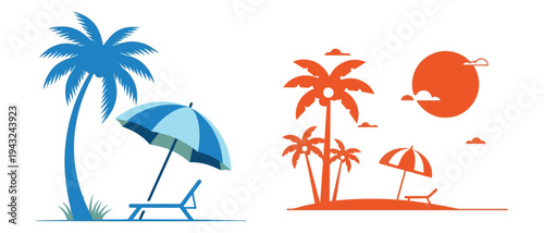 A vibrant illustration depicts a tropical beach scene with palm trees sun and beach umbrellas