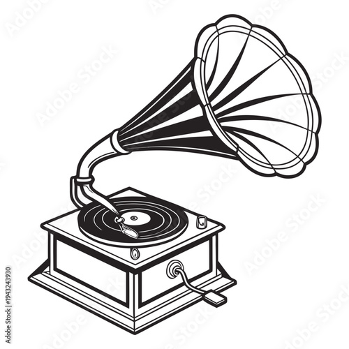 Acoustic gramophone sketch portraying curved arm and large conical speaker horn mounted on square wooden base with manual operating handle mechanism