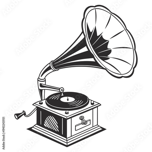Old fashioned phonograph drawing with elegant horn and wooden cabinet base depicting historical audio technology in minimalist black and white style