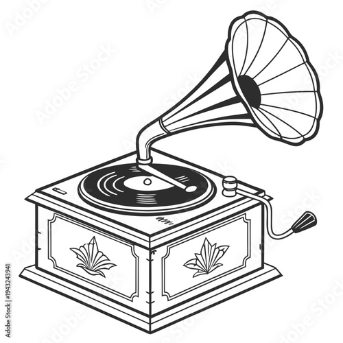 Vintage gramophone illustration with classic record player design featuring ornate wooden base and large metallic horn isolated on white background