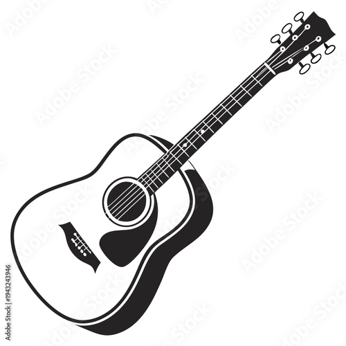 Acoustic guitar vector illustration featuring strings and sound hole with detailed fretboard design in black and white graphic art for music lovers
