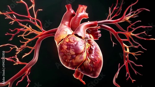 Detailed 3D Rendering of Human Heart with Major Arteries and Veins