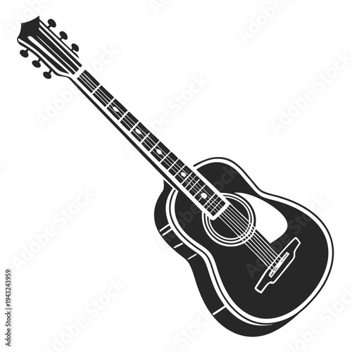 Acoustic guitar musical instrument black and white isolated vector illustration on white background, string music flat design element