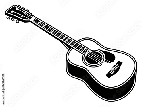 Acoustic guitar musical instrument black and white isolated isometric vector illustration on white background, string music flat design