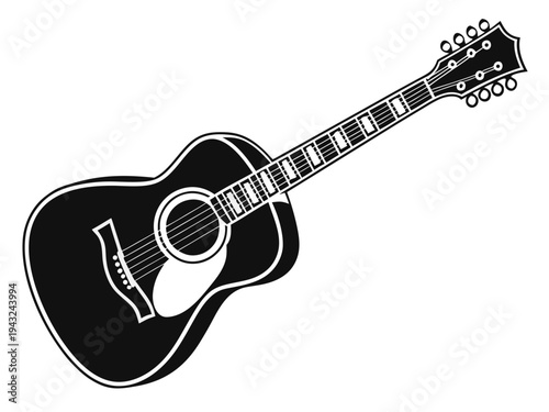 Acoustic guitar silhouette, string instrument, musical instrument, classic guitar with six strings, isolated on white background, vector art illustration
