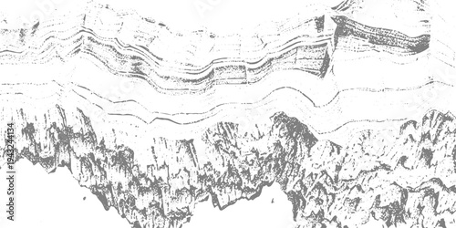 Abstract monochrome texture with flowing wavy distortion lines across the top and dense cracked, rocky patterns below, resembling eroded terrain or seismic layers, distressed grunge style background.