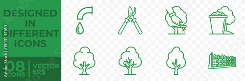 A collection of 8 flat vector icons related to gardening and landscaping, including trees, pruning tools, and a bird feeder.