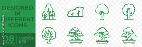 A set of eight unique green tree icons designed in a flat vector style, showcasing various tree silhouettes and bonsai trees.