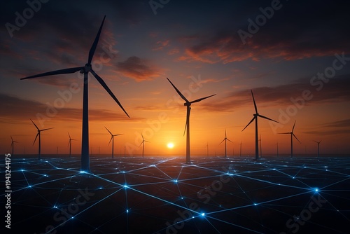 Renewable energy wind turbines at sunset with glowing network connections symbolizing smart grid technology and sustainable power generation