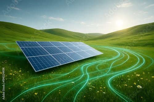 Advanced solar energy system capturing sunlight on a lush green hillside, showcasing renewable power generation and sustainable technology concepts for a greener, eco-friendly future