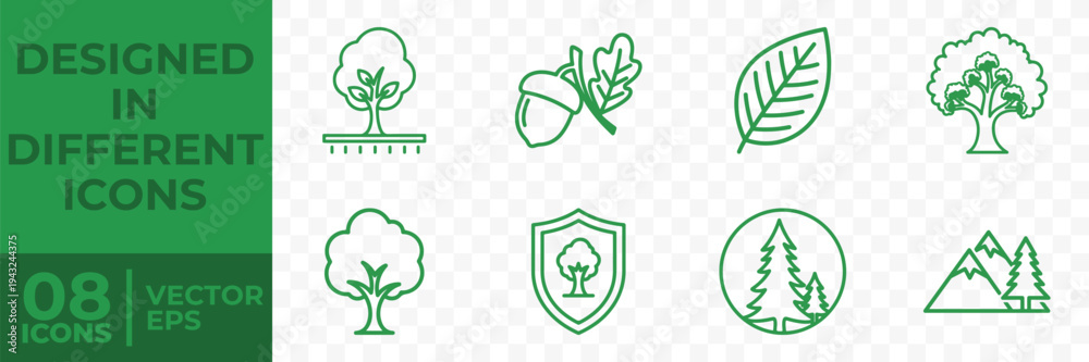 Fototapeta premium A collection of 8 green flat vector icons featuring different tree designs, including leaf, acorn, and shield motifs.