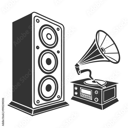 Tall speaker tower and vintage gramophone with horn, audio equipment for music listening, retro and modern sound systems, entertainment technology