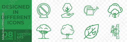 A set of 8 flat vector icons focused on environmental conservation, including trees, a globe with a slash, a hand holding a plant, a watering can, and a person climbing a tree.