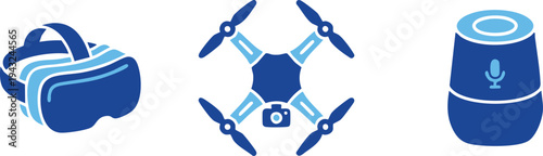 Set of 3 blue technology icons vector, virtual reality, drone, smart speaker