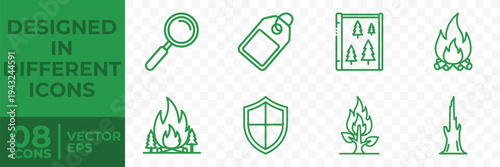 A set of 8 flat vector icons related to forest fires, including a magnifying glass, a shield, and various fire and tree symbols.