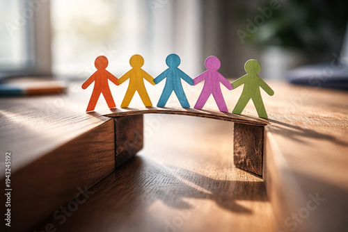 Colorful Paper People Forming Bridge Across Gap, Teamwork and Collaboration Concept