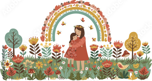 Mother and daughter standing in a field of flowers with a colorful rainbow