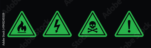 Caution signs set. Fire warning, hazard danger, high voltage icon. Attention, risk, flammable, skull, bone - stock vector.