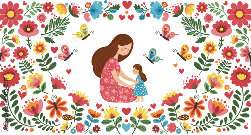 Mother and daughter surrounded by colorful flowers and butterflies in a garden setting with love and happiness