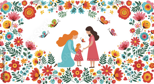 Mother and daughter in garden surrounded by colorful flowers and butterflies