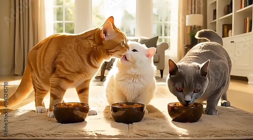 Three Different Cats Eating Together in Sunny Living Room