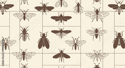 Collection of Various Insects in Grid Pattern.