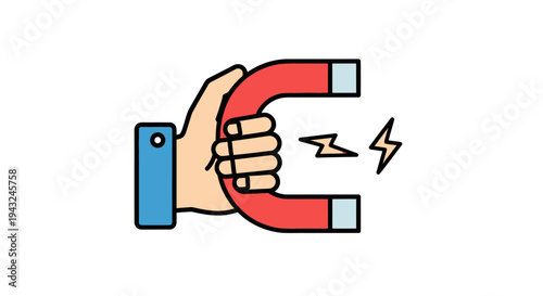 Hand holding horseshoe magnet with electricity.