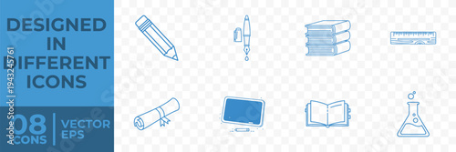 A set of 8 flat vector icons representing various educational tools and symbols, including a pencil, pen, books, ruler, computer, and more.