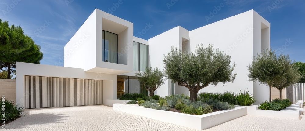 Fototapeta premium Modern white house with garage and garden on a sunny day showcasing bright colors and clean design in a residential area with natural light