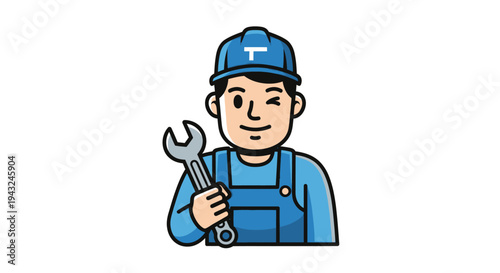 Cartoon Mechanic Holding Adjustable Wrench Tool.