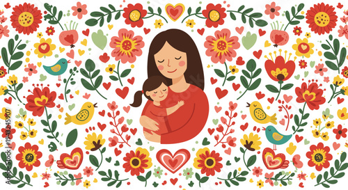 Mother and baby surrounded by colorful flowers and hearts in a whimsical illustration