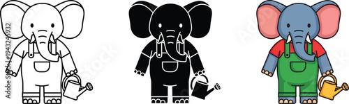 Adorable cartoon elephant gardener wearing overalls and holding a watering can in three distinct vector graphic styles for design projects