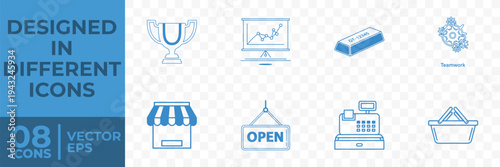 A set of 8 flat vector icons designed for business and e-commerce use, including symbols for awards, technology, shopping, and more.