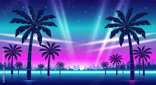 Palm Trees Silhouetted Against Neon Sky.