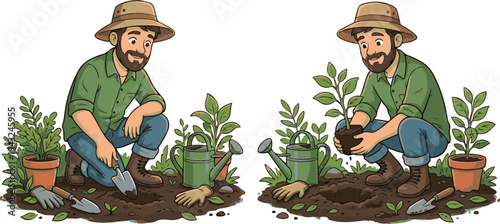 Two cartoon gardeners planting with tools and potted plants in garden setting, illustrating gardening and horticulture activities.
