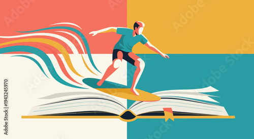 Man Surfing on Open Book Illustration.