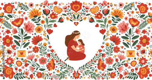 Mother and child surrounded by vibrant floral pattern on white background