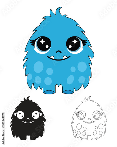 Cute Furry Blue Monster Alien Character with Big Eyes and Spots Vector in Colorful Silhouette Outline