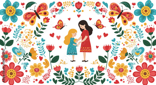 Mother and daughter surrounded by colorful flowers butterflies and hearts in a whimsical floral pattern design