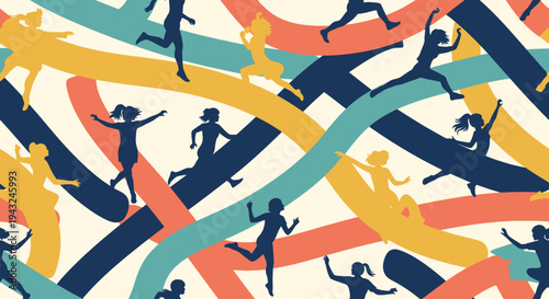 Silhouetted People Running and Jumping in Motion.