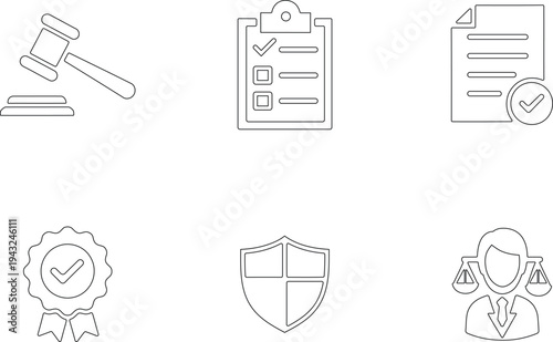 Legal security icons gavel scales shield justice law symbols, editable stroke