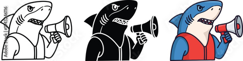 Set of three stylized vector graphic illustrations featuring an aggressive shark character wearing a life vest while loudly shouting into a megaphone for announcements or warnings