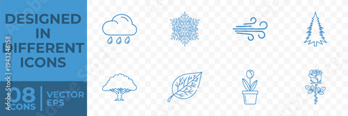 A set of 8 flat vector icons depicting various weather conditions and natural elements, including clouds, snowflakes, wind, trees, leaves, and flowers.