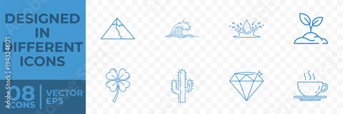 A set of 8 flat vector icons featuring nature and everyday objects, including a mountain, wave, water splash, seedling, clover, cactus, diamond, and coffee cup.