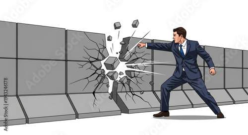 Man Breaking Through Concrete Wall.