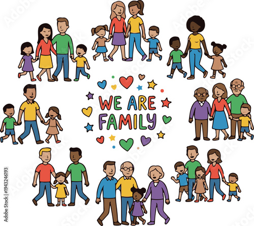 Diverse group of people of different ages, ethnicities, and abilities forming a circle around 'We Are Family' message, conveying unity, love, and inclusivity in a colorful illustration.